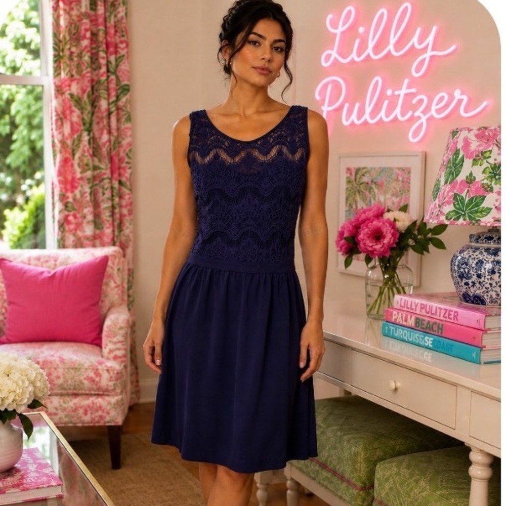 Lilly Pulitzer S Navy Blue Lace FIT and flare‎ dress party preppy